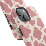 Rose Cowprint – Pink Cow Print MagSafe Phone Case, glossy diagonal dual-camera model, camera and side-button close-up