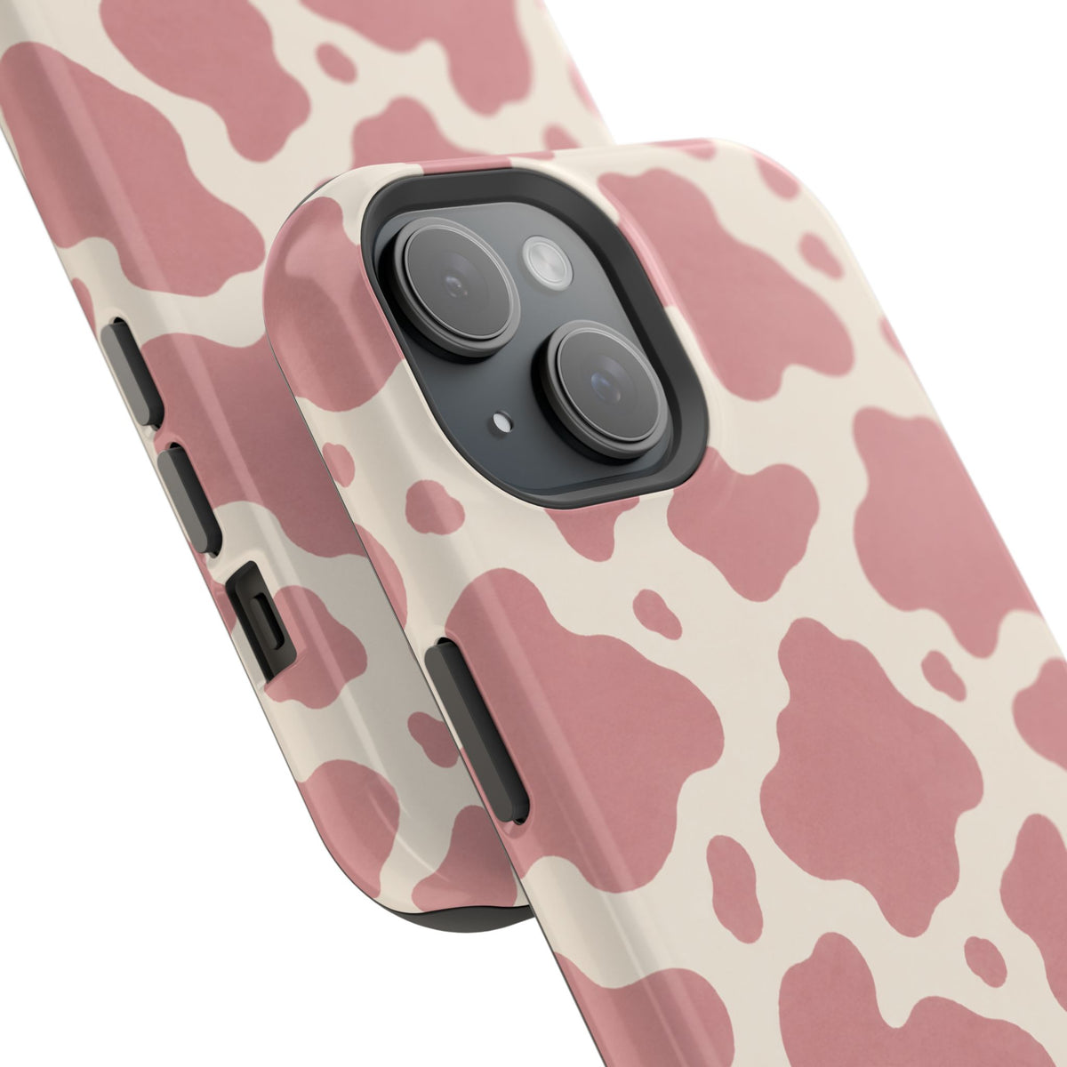 Rose Cowprint – Pink Cow Print MagSafe Phone Case, glossy diagonal dual-camera model, camera and side-button close-up