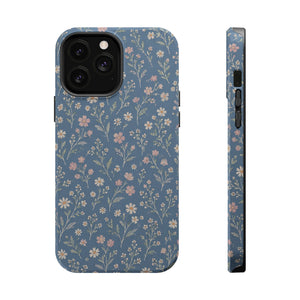 Denim Wildflowers MagSafe Phone Case, glossy iPhone 13 Pro Max, rear and side profile