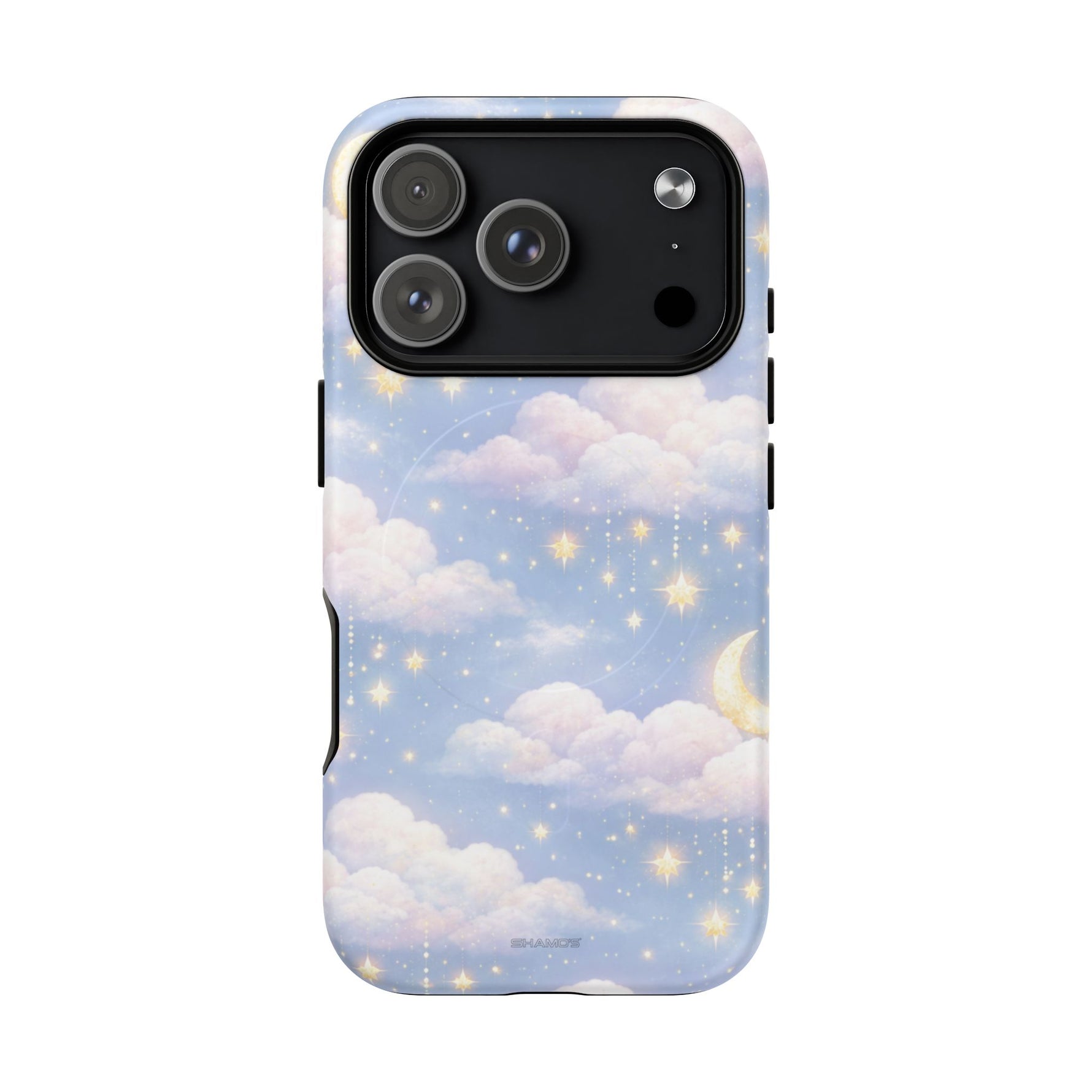 iPhone case with blue sky, pink clouds, crescent moon, and golden stars design, variant size