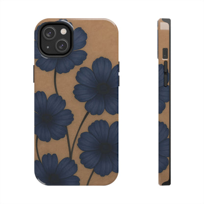 Navy Floral Tough iPhone Case — Durable Protective Case with Blue Flowers on Kraft Background