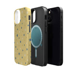 Prairie Stars – Yellow and Blue Star MagSafe Phone Case, glossy diagonal dual-camera model, exploded shell and liner with magnetic ring