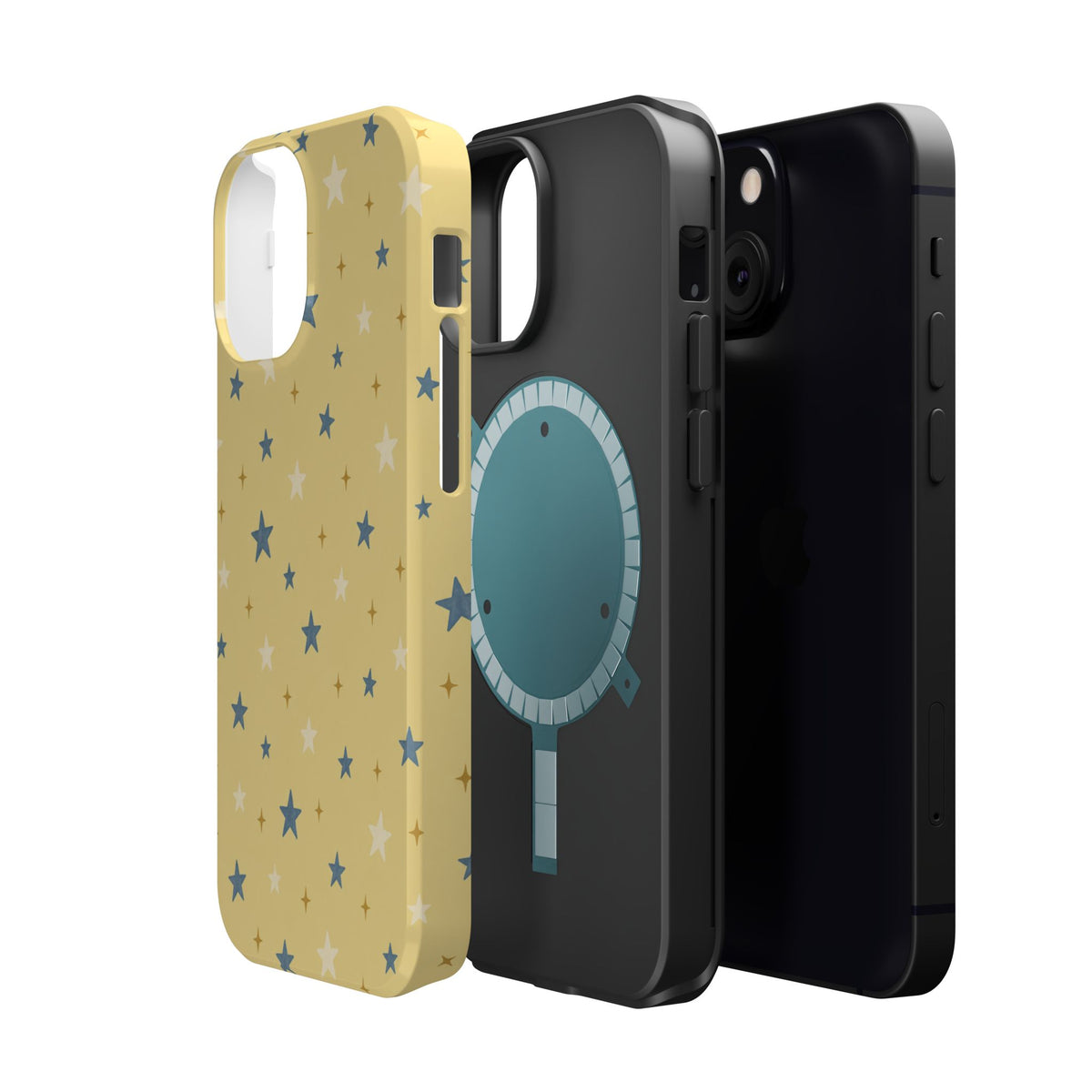 Prairie Stars – Yellow and Blue Star MagSafe Phone Case, glossy diagonal dual-camera model, exploded shell and liner with magnetic ring