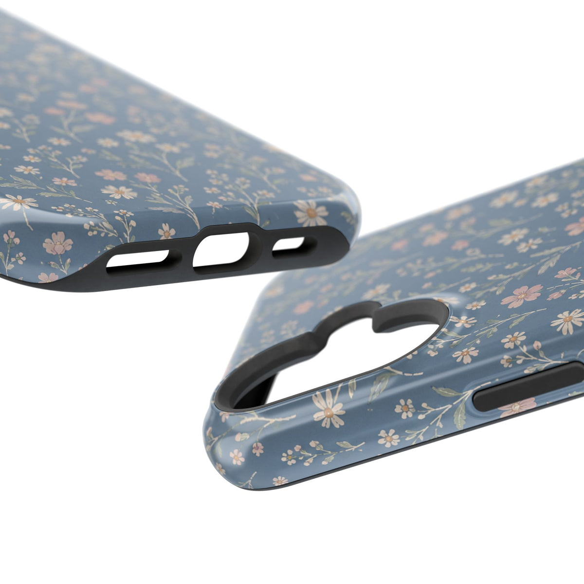 Denim Wildflowers MagSafe Phone Case, glossy vertical dual-camera model, port openings and edge details
