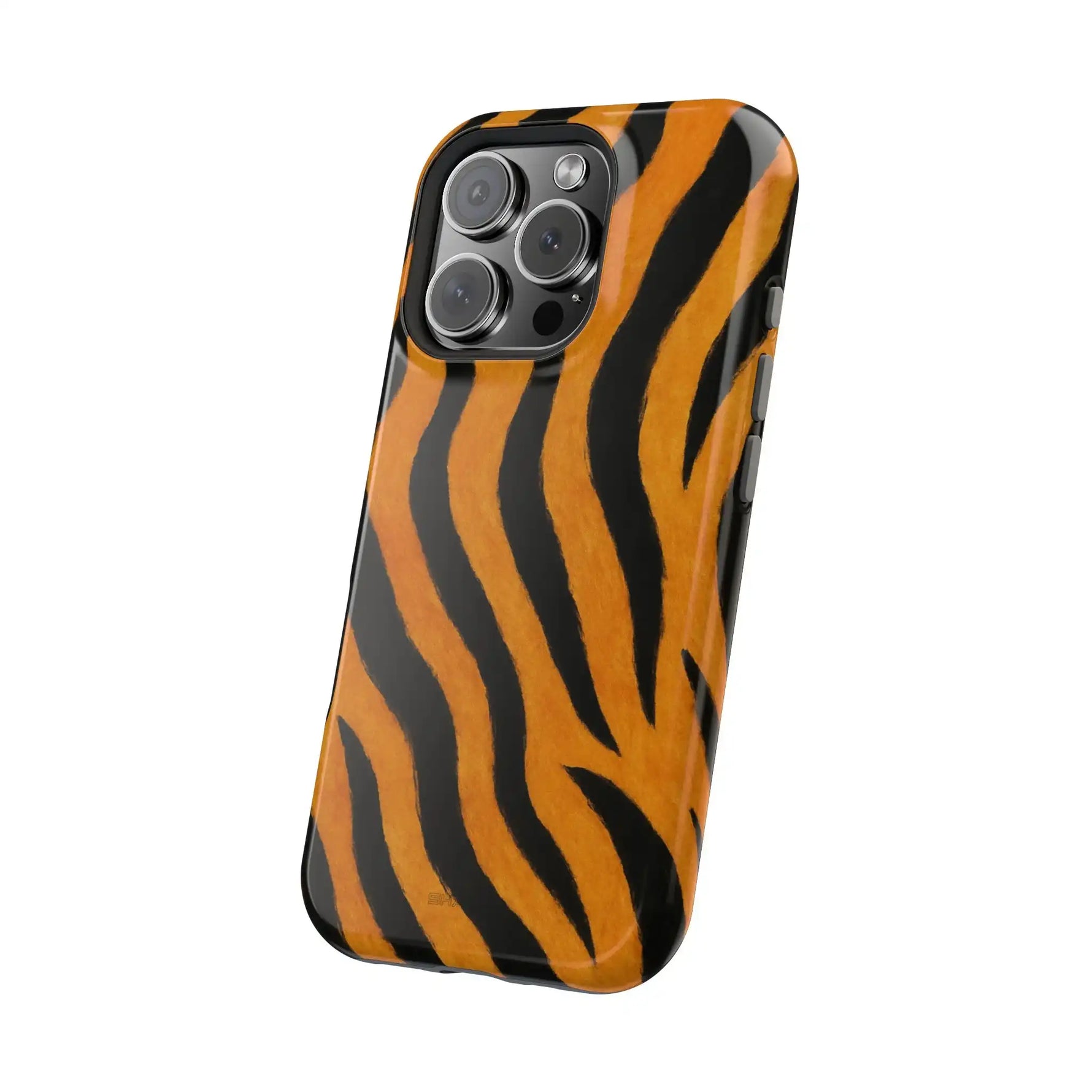 Close-up of iPhone with glossy tiger stripe case, showing triple camera setup