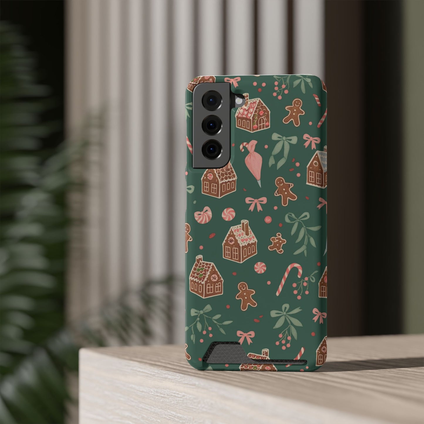 Holiday Gingerbread Phone Case with Card Holder — Festive Green Candy Cane Design