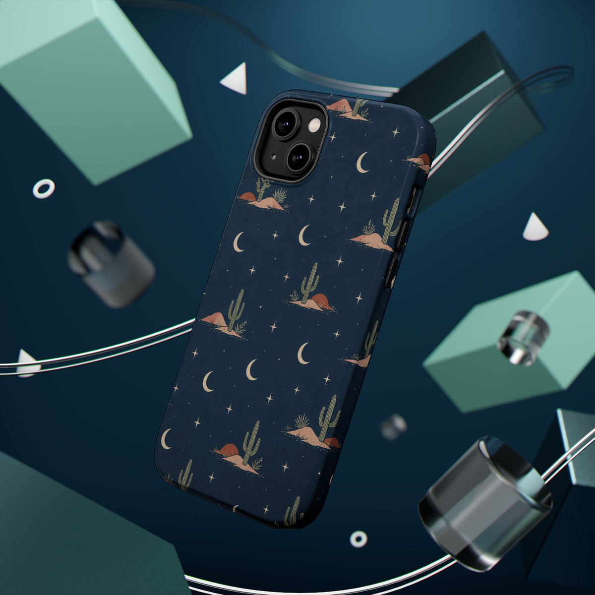 Desert Moon MagSafe Phone Case, glossy diagonal dual-camera model, rear view with magnetic accessories