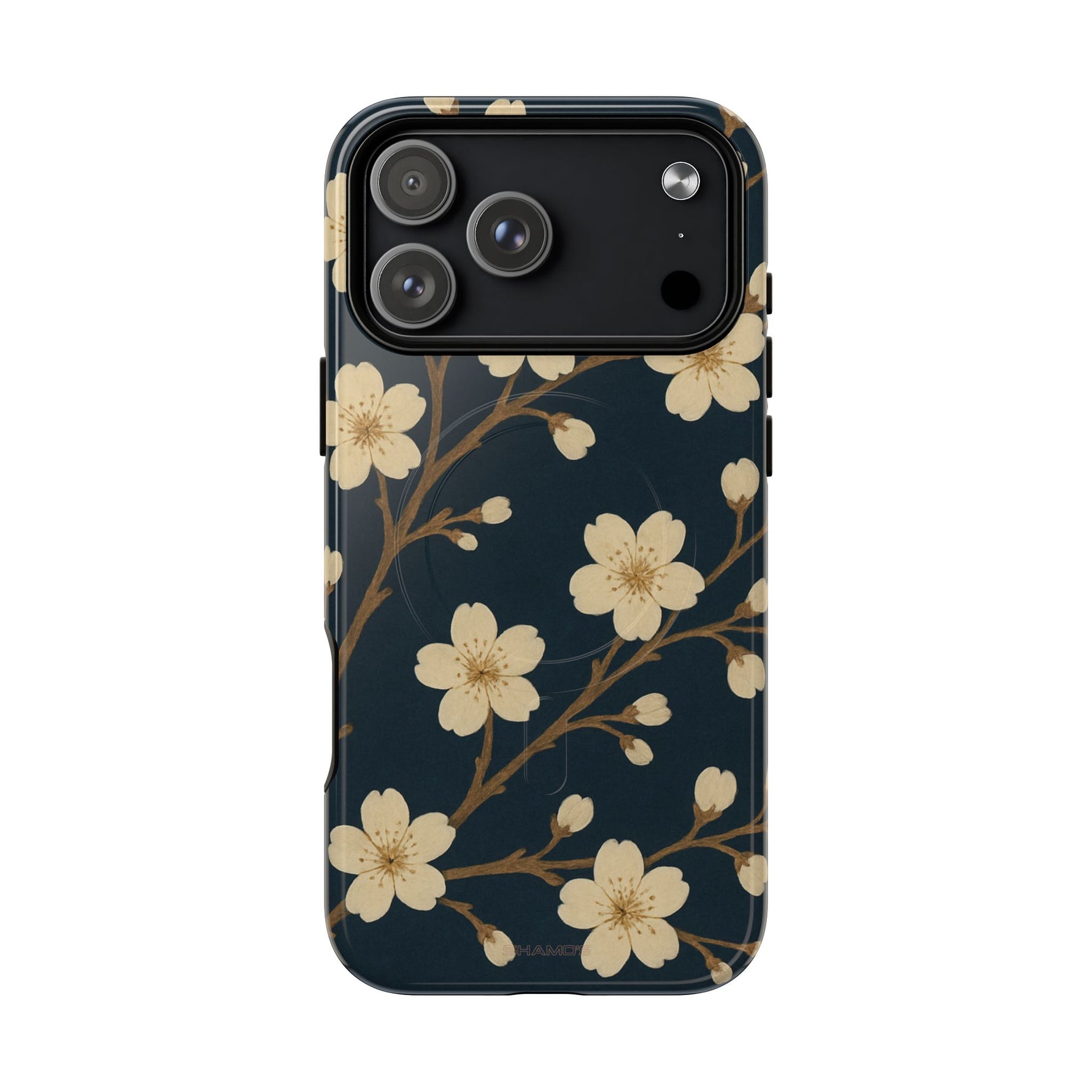 Navy Cherry Blossom Floral iPhone Case - Compatible with MagSafe