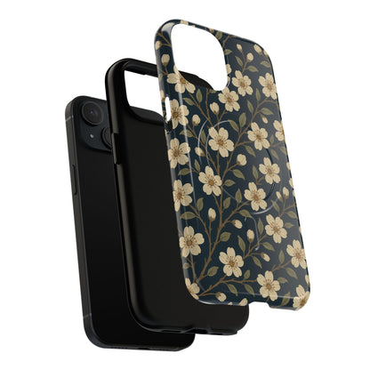 Navy Cherry Blossom Floral iPhone Case - Compatible with MagSafe