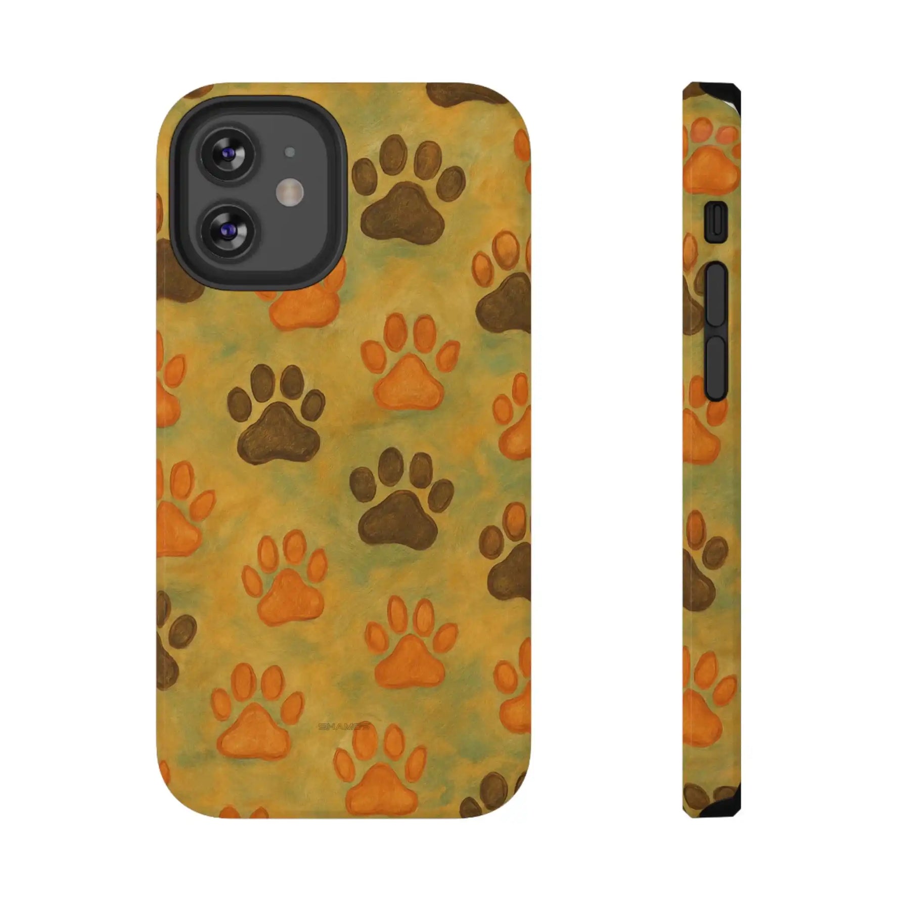 Phone case with brown and orange paw prints pattern on yellow background, front and side views showing slim design