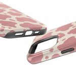 Rose Cowprint – Pink Cow Print MagSafe Phone Case, glossy square triple-camera Pro model, port openings and edge details