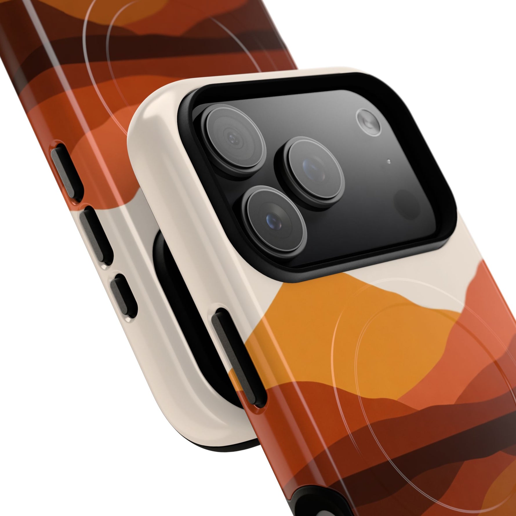 Close-up of smartphone with protective case showing orange and brown abstract pattern, highlighting camera lens size