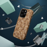Saddle Scrolls – Tan Western Scrollwork MagSafe Phone Case, glossy square triple-camera Pro model, rear view with magnetic accessories