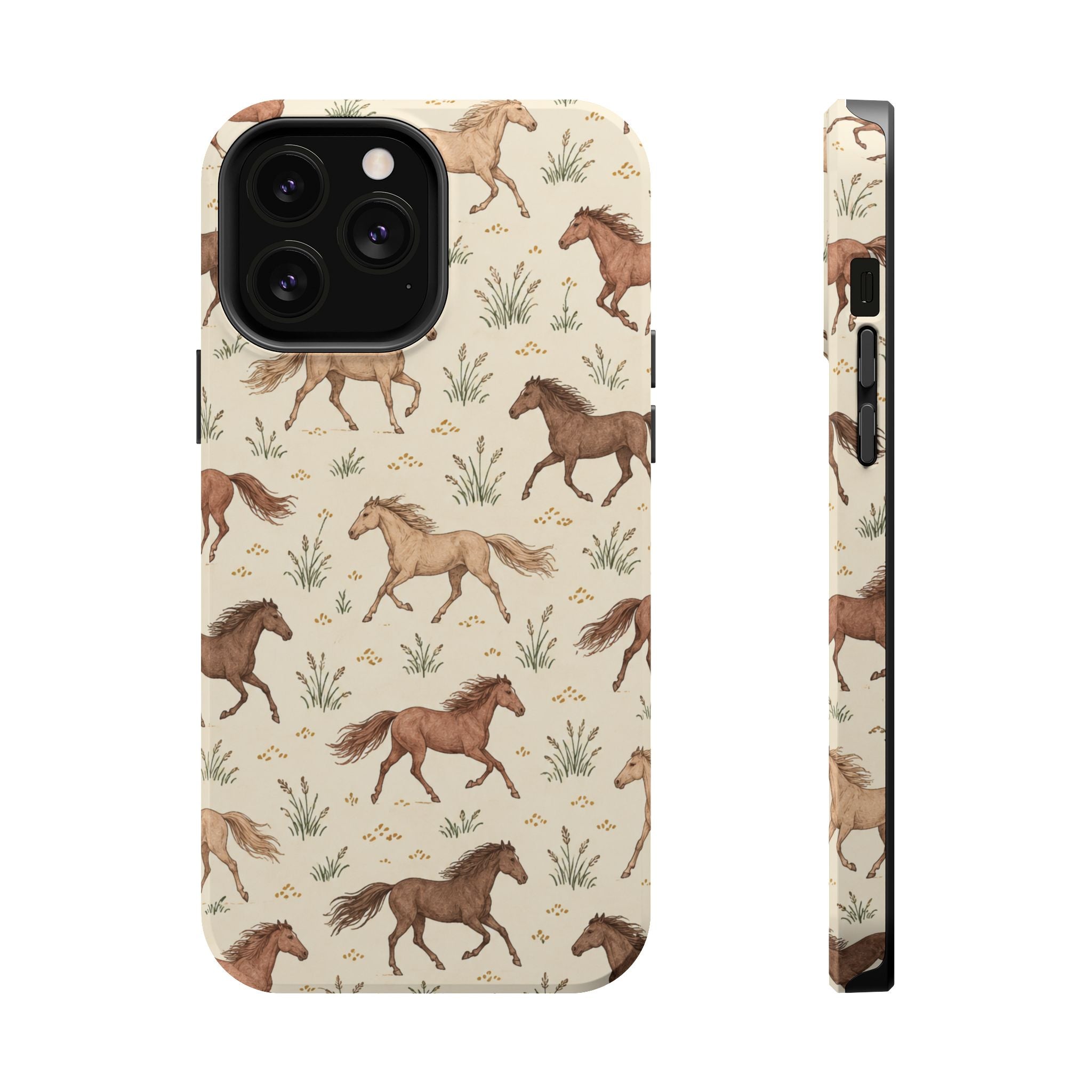 Wild Mustangs – Western Horse Pattern MagSafe Phone Case, glossy iPhone 13 Pro Max, rear and side profile