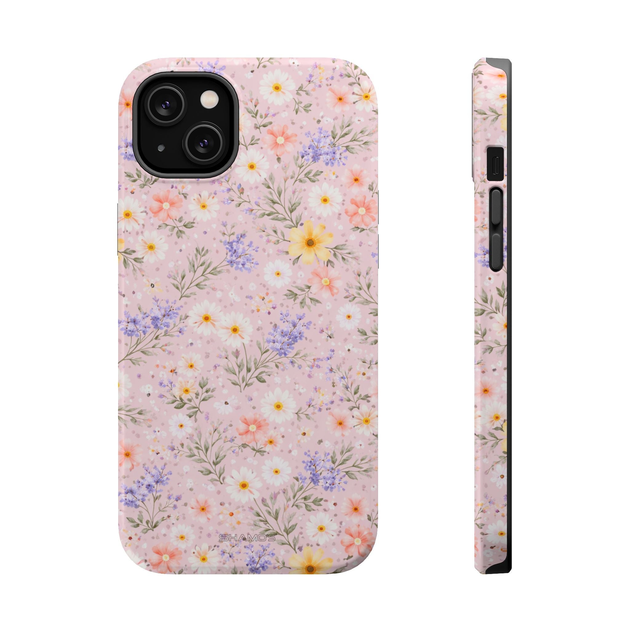 Phone case with a dense pastel pink, lavender, white, and yellow wildflower pattern