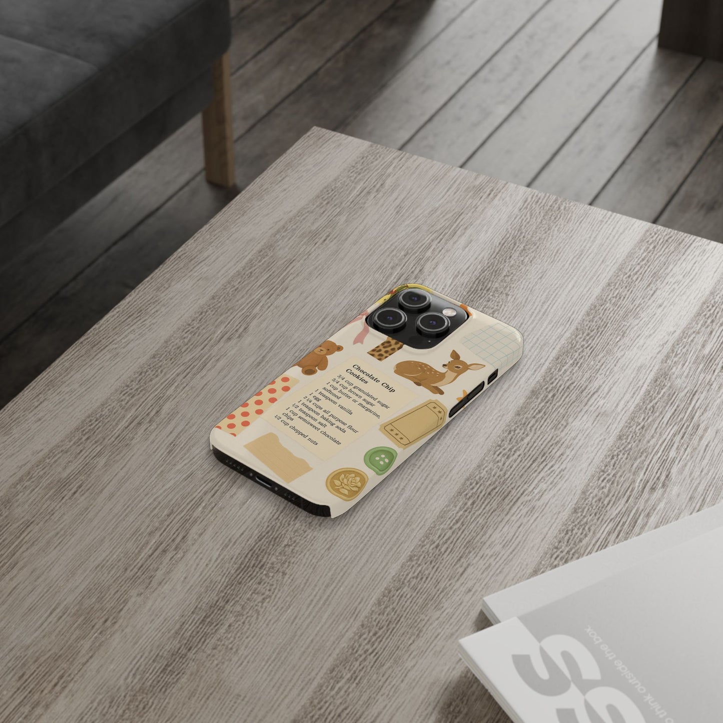 Slim iPhone Case — Cozy Baking & Teddy Pattern (Recipe, Deer, Buttons)