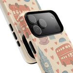 London Icons Hand-Drawn iPhone Case — Cute Double-Decker Bus & Big Ben Pattern with MagSafe compatibility  Shamo's