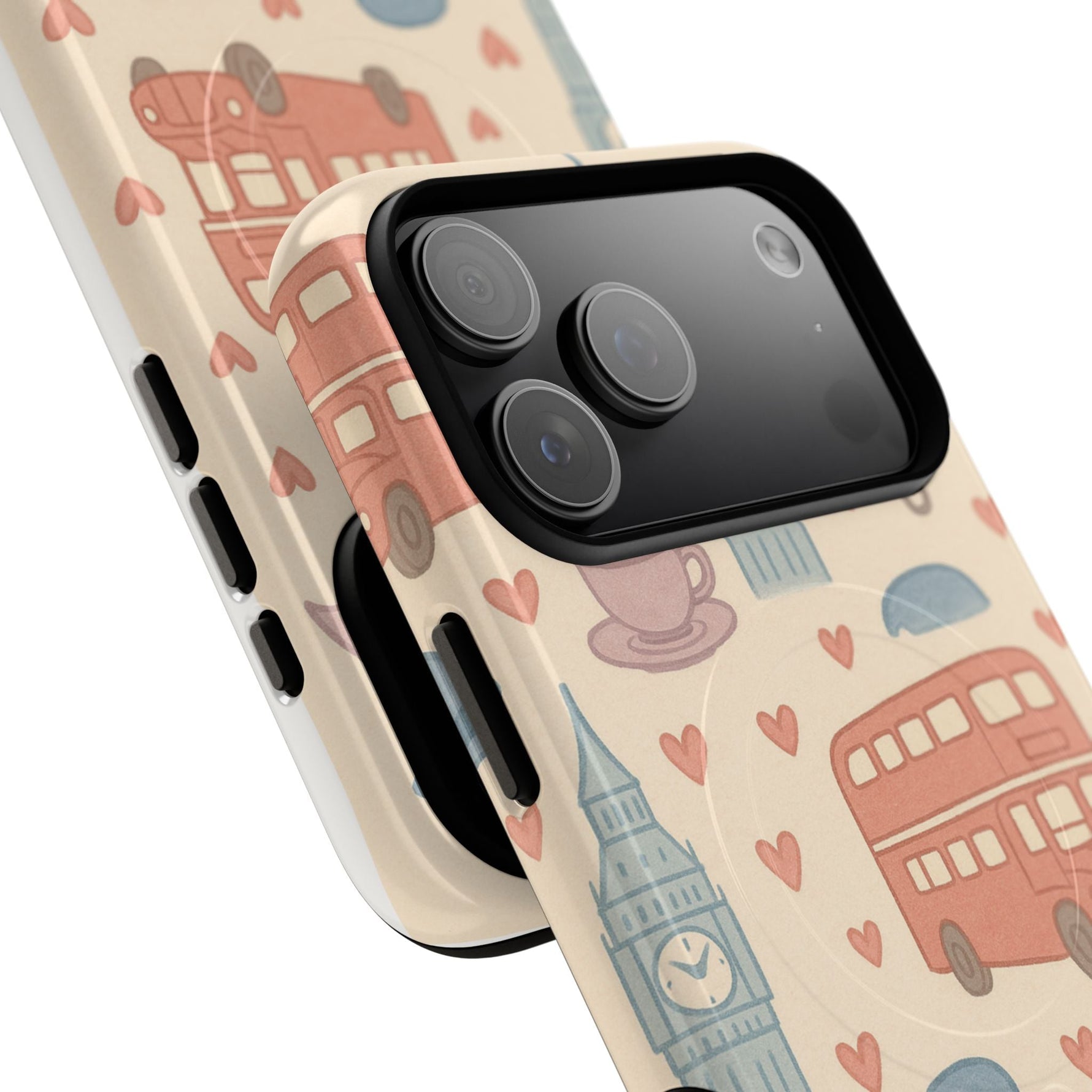 London Icons Hand-Drawn iPhone Case — Cute Double-Decker Bus & Big Ben Pattern with MagSafe compatibility  Shamo's