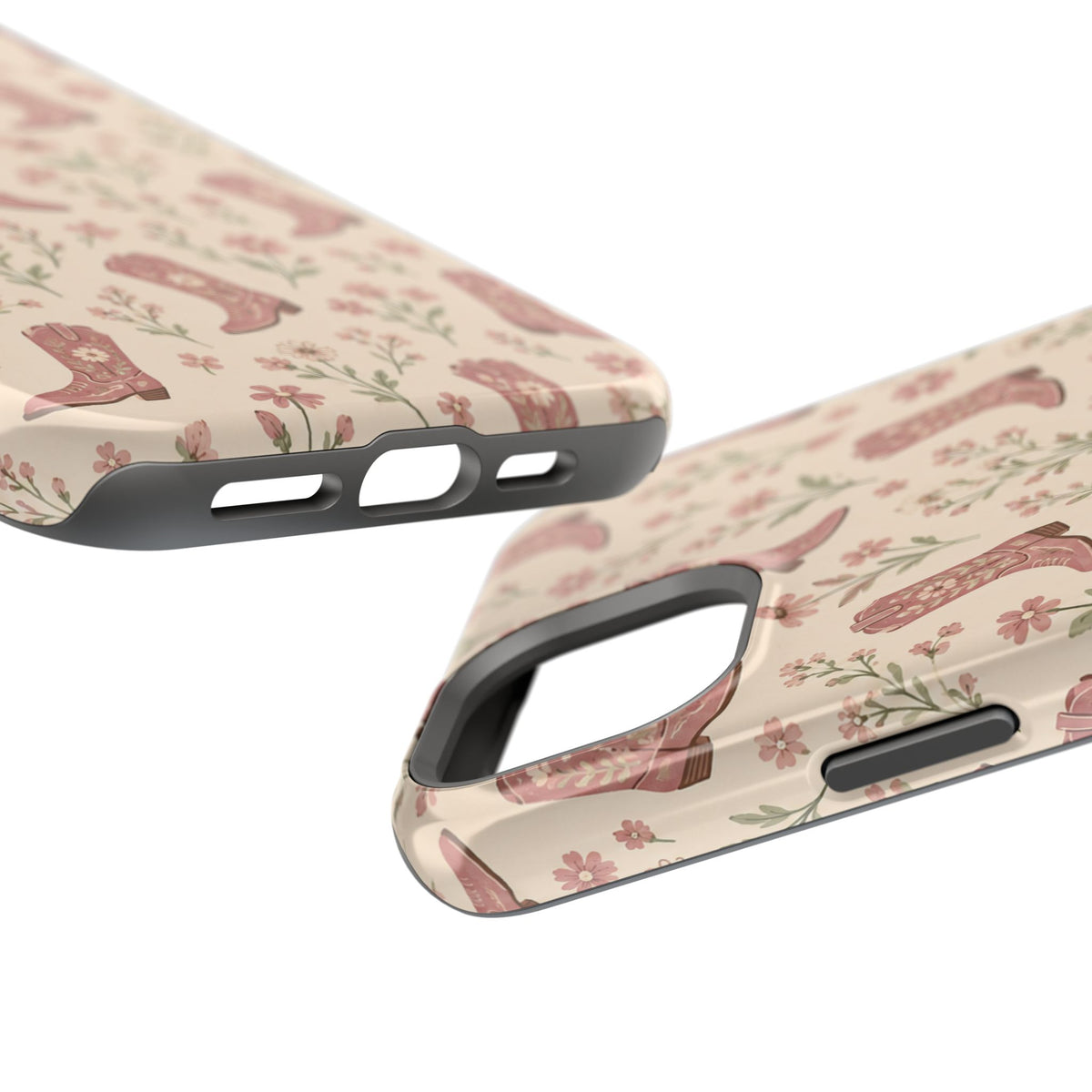 Floral Boots MagSafe Phone Case, glossy diagonal dual-camera model, port openings and edge details