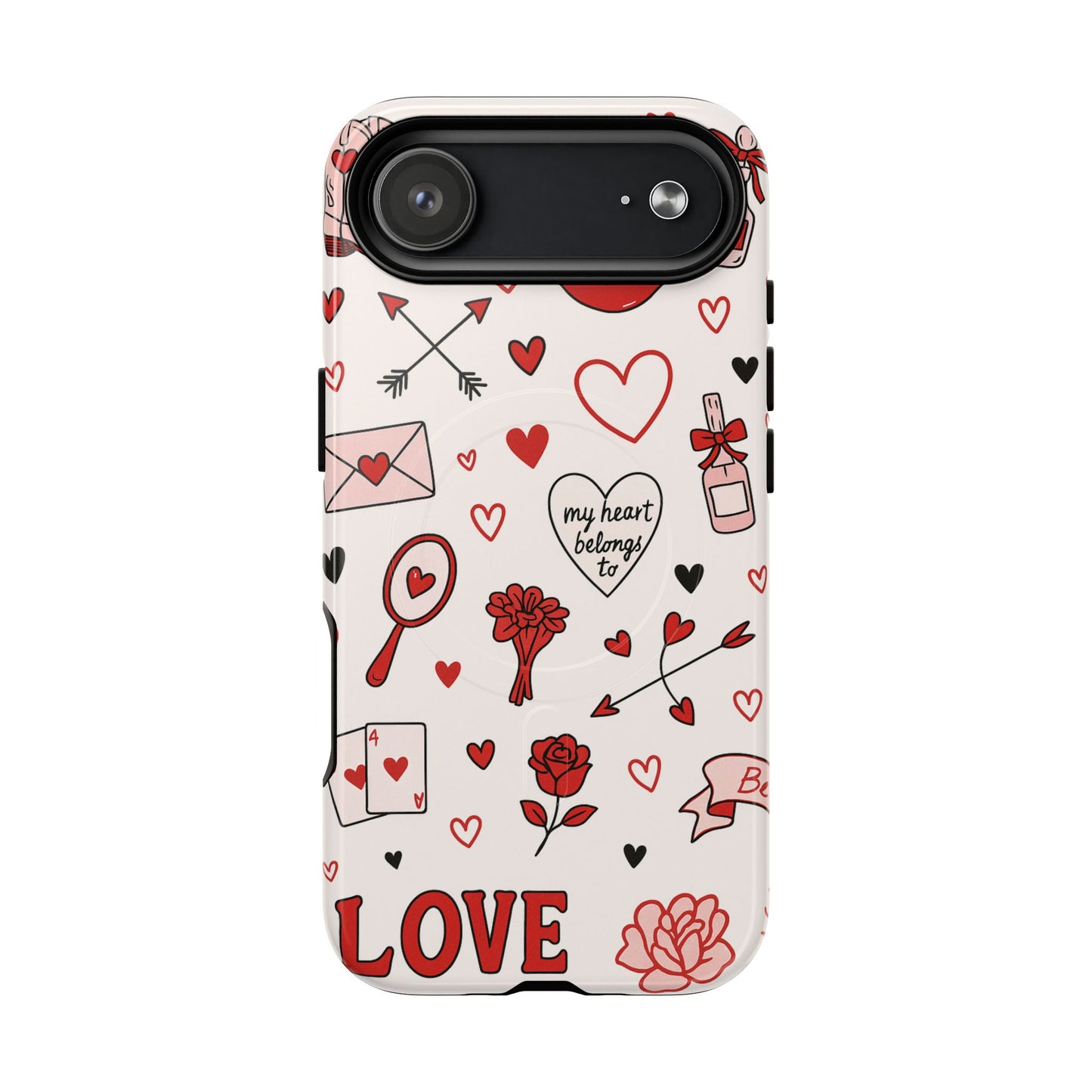 Romantic Love Doodle Tough iPhone Case ("LOVE", hearts, roses) (MagSafe compatible)