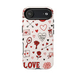 Romantic Love Doodle Tough iPhone Case ("LOVE", hearts, roses) (MagSafe compatible)  Shamo's iPhone 17 Air / Glossy