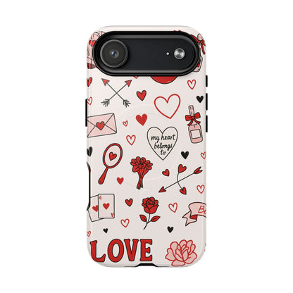 Romantic Love Doodle Tough iPhone Case ("LOVE", hearts, roses) (MagSafe compatible)
