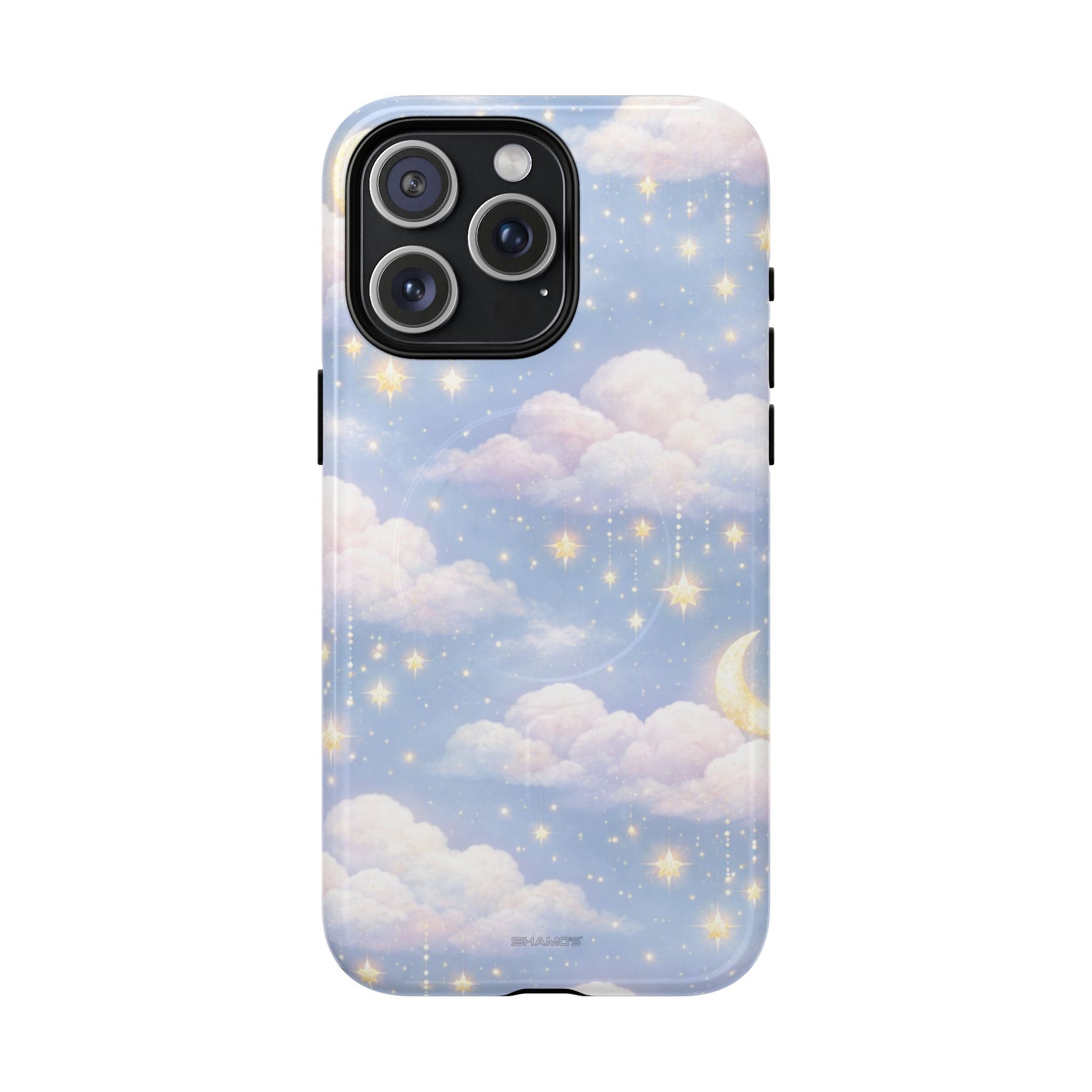 iPhone 14 Pro Max case with blue sky, clouds, stars, crescent moon celestial design