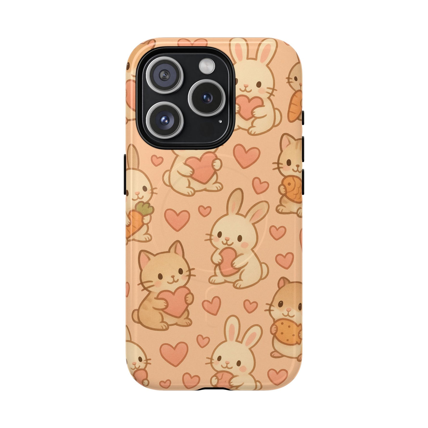 Cozy Critter Friends iPhone Case — Cute Bunny & Kitten Heart Pattern with MagSafe - Shamo's