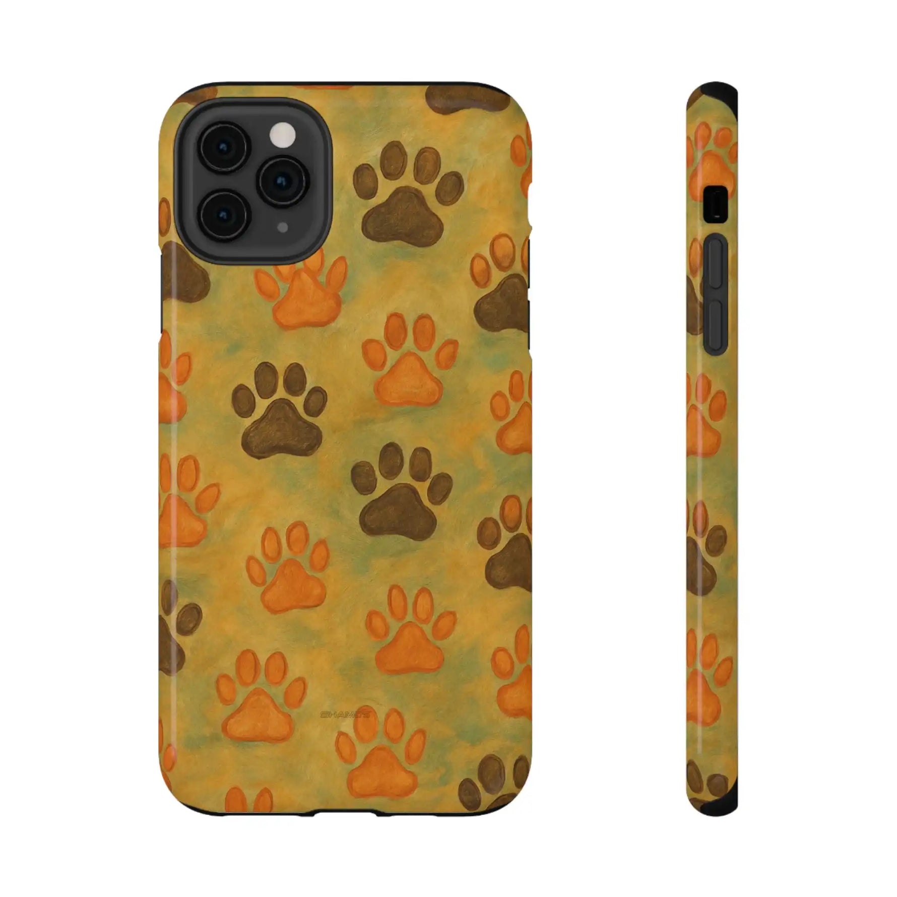 iPhone case with orange and brown paw prints pattern shown in front and side variant size