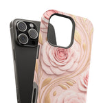 Floral Pink Rose MagSafe iPhone Case, Gold Leaf Magnetic Impact-Resistant