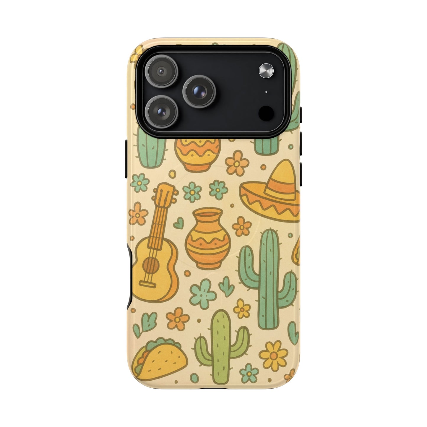Mexico Hand-Drawn Cactus Pattern iPhone Case – Cute Desert Guitar & Sombrero Design | with MagSafe