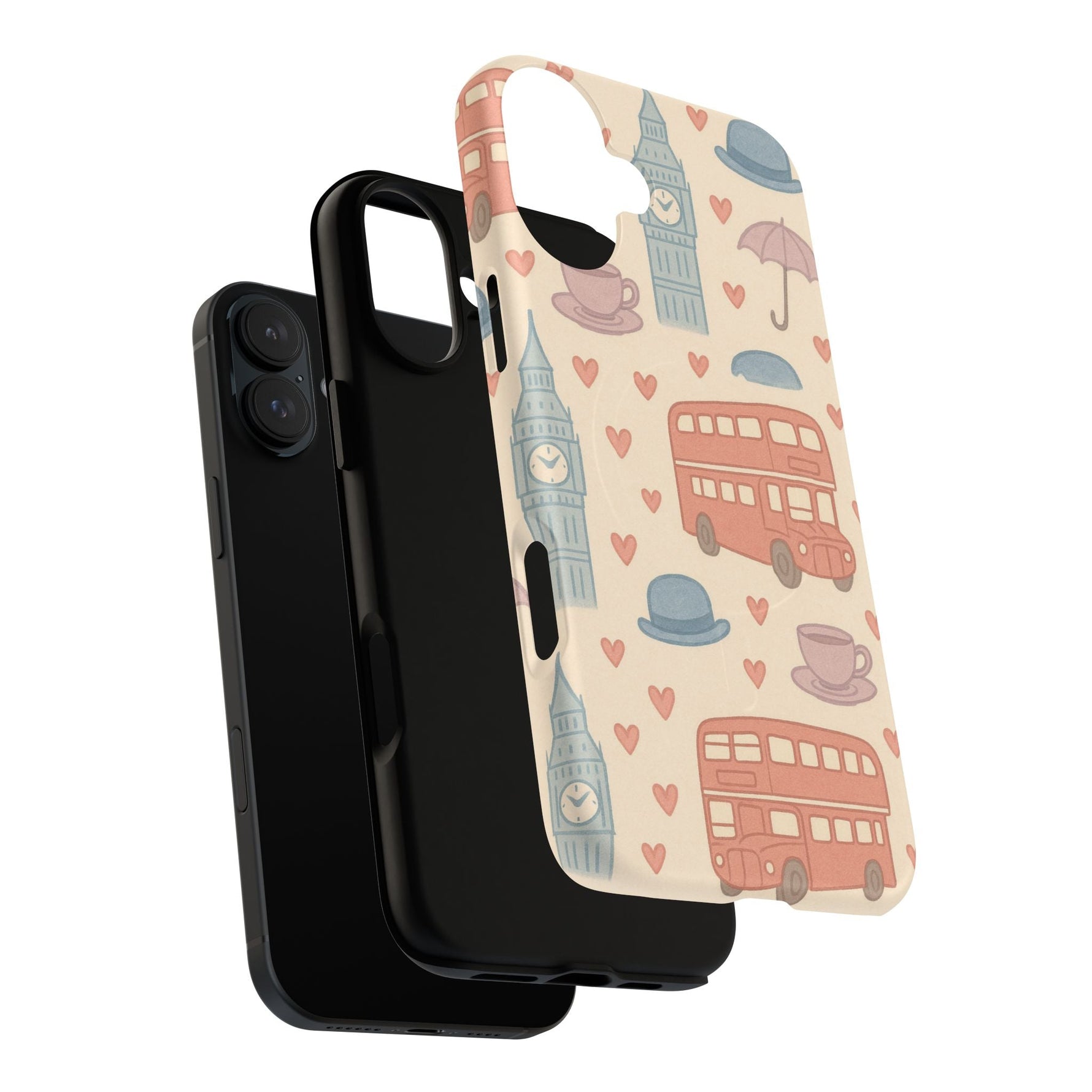 London Icons Hand-Drawn iPhone Case — Cute Double-Decker Bus & Big Ben Pattern with MagSafe compatibility  Shamo's