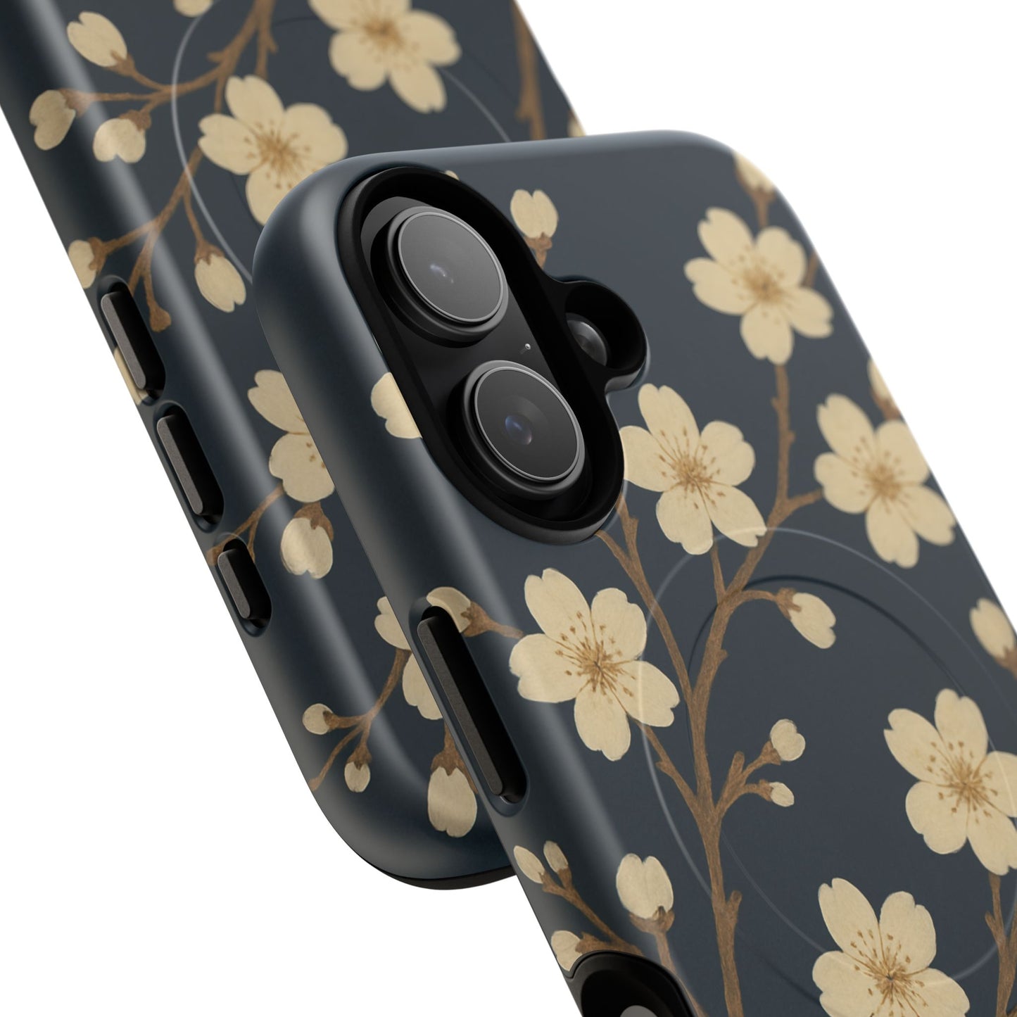 Navy Cherry Blossom Floral iPhone Case - Compatible with MagSafe