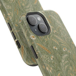 Golden Meadow – Sage Green Wildflower MagSafe Phone Case, glossy diagonal dual-camera model, camera and side-button close-up