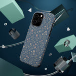 Denim Wildflowers MagSafe Phone Case, glossy square triple-camera Pro model, rear view with magnetic accessories