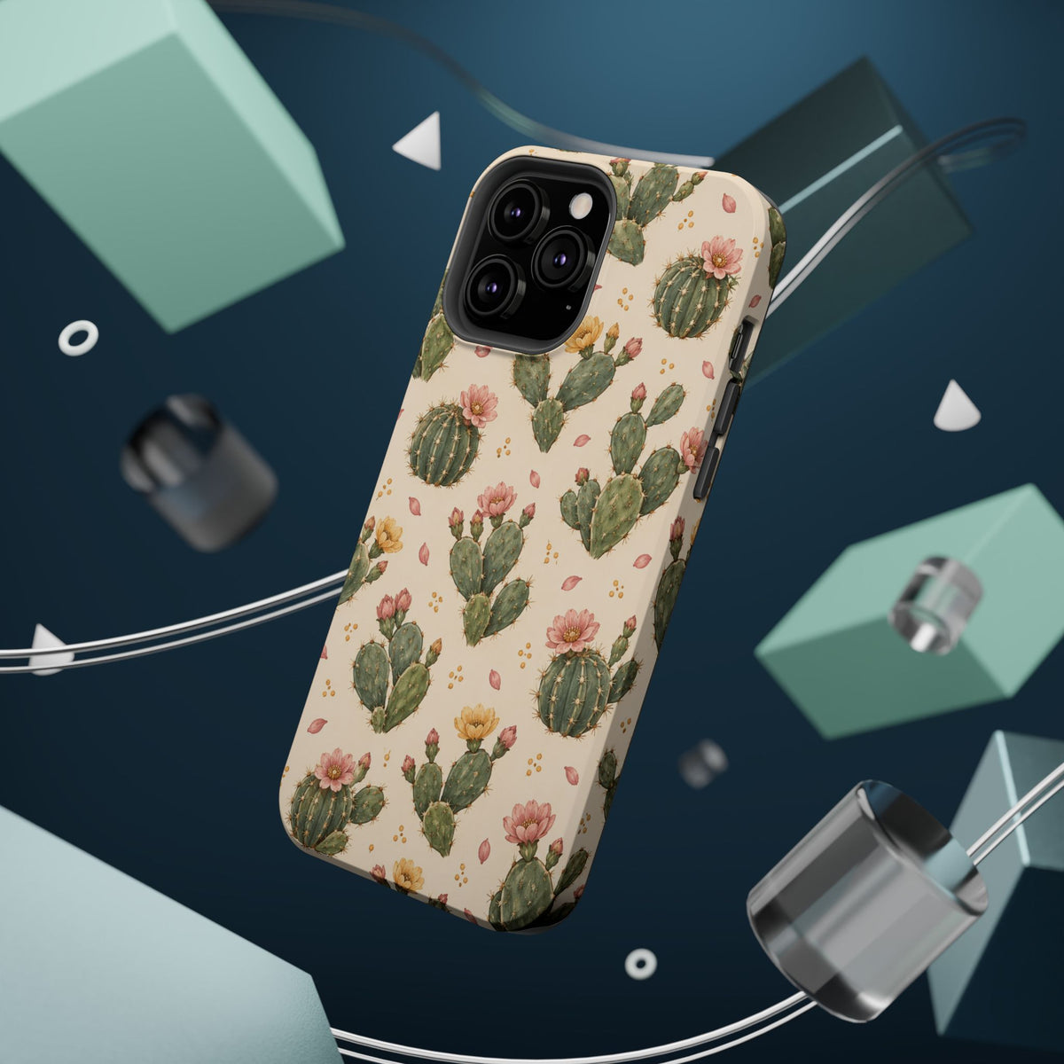 Cactus Bloom – Sage Green Floral Cactus MagSafe Phone Case, glossy square triple-camera Pro model, rear view with magnetic accessories