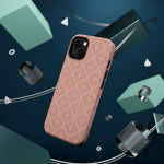 Meadow Lace – Blush Pink Lace Pattern MagSafe Phone Case, glossy diagonal dual-camera model, rear view with magnetic accessories