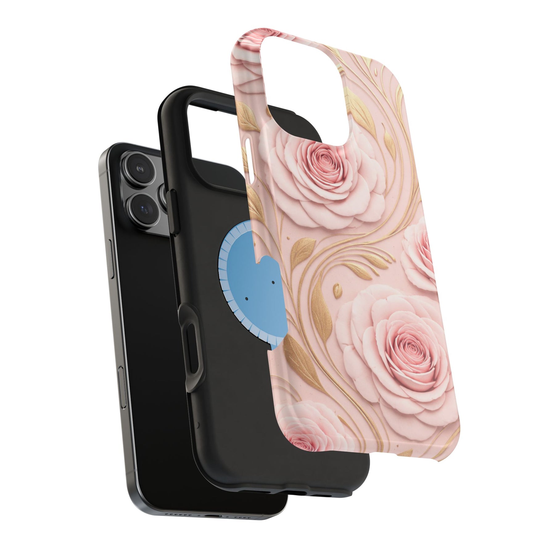 Floral Pink Rose MagSafe iPhone Case, Gold Leaf Magnetic Impact-Resistant