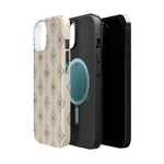 Desert Diamonds – Pastel Geometric Pattern MagSafe Phone Case, glossy diagonal dual-camera model, exploded shell and liner with magnetic ring
