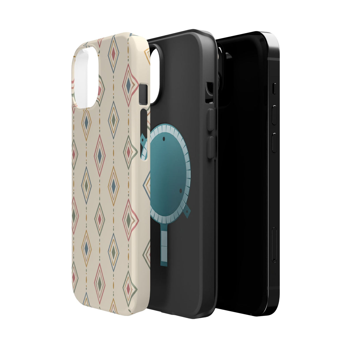 Desert Diamonds – Pastel Geometric Pattern MagSafe Phone Case, glossy diagonal dual-camera model, exploded shell and liner with magnetic ring