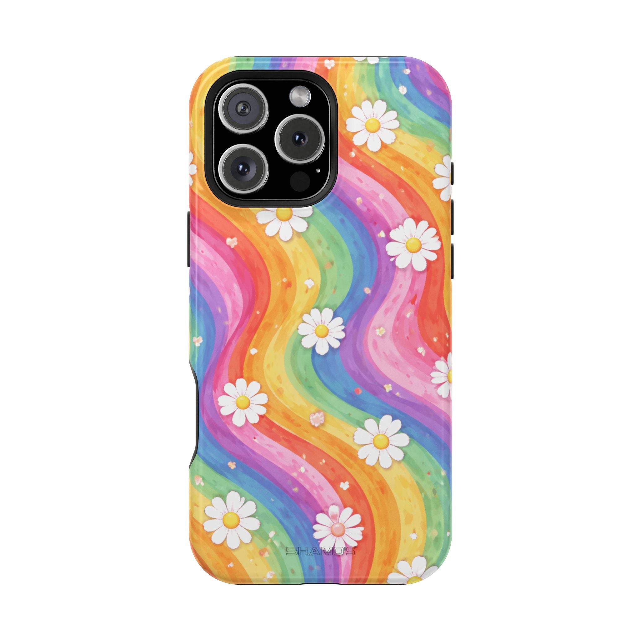 Phone case with flowing rainbow-colored stripes and small white daisies