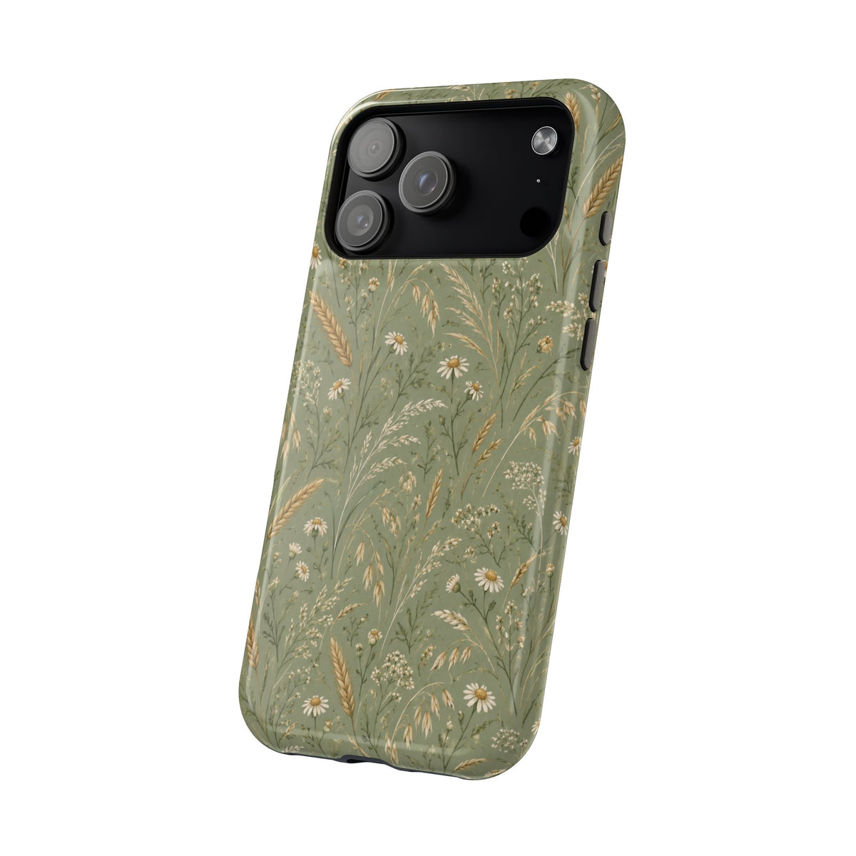 Golden Meadow – Sage Green Wildflower MagSafe Phone Case, glossy wide-camera Pro Max model, angled rear view