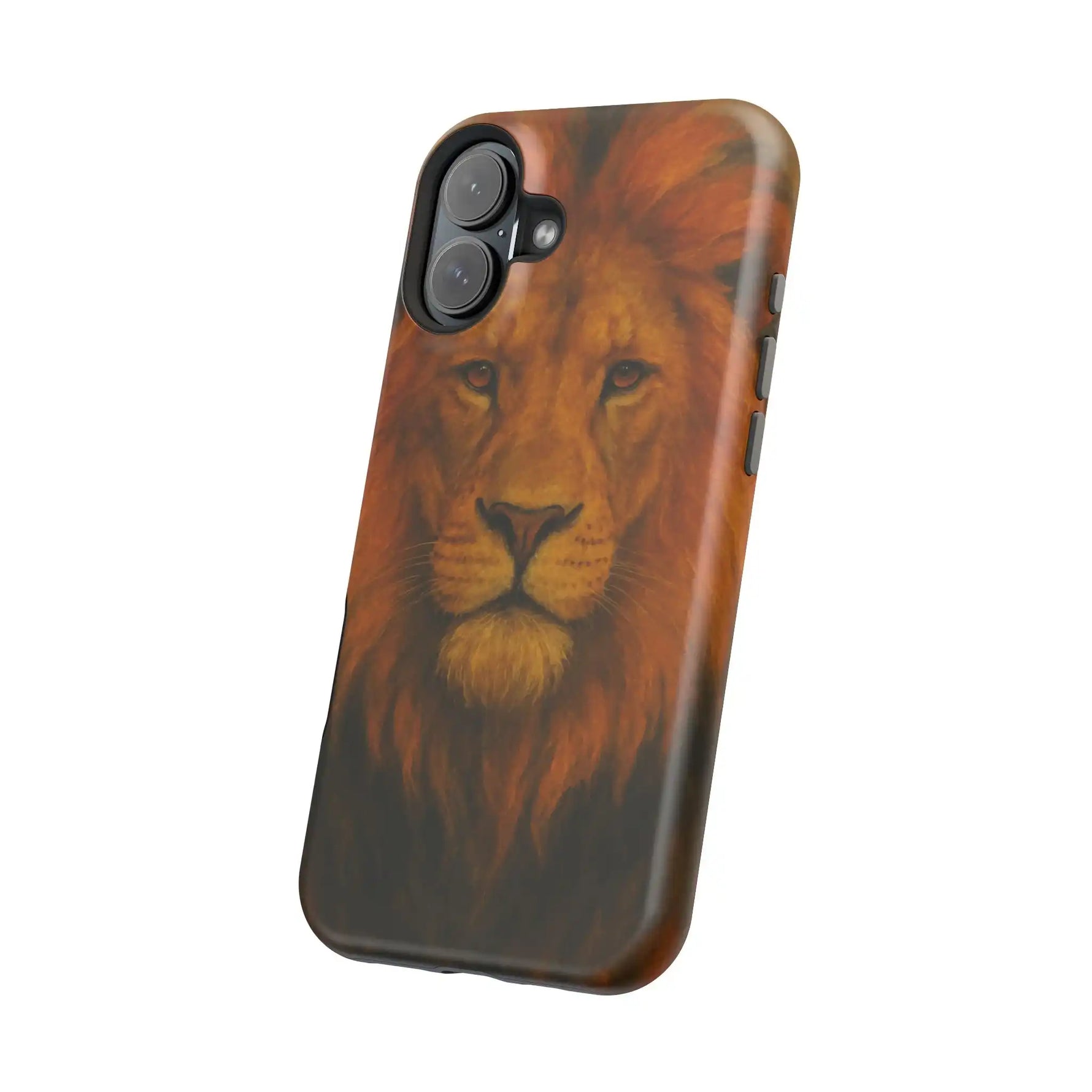 iPhone case with a detailed lion face design, showing variant size for iPhone camera fitting
