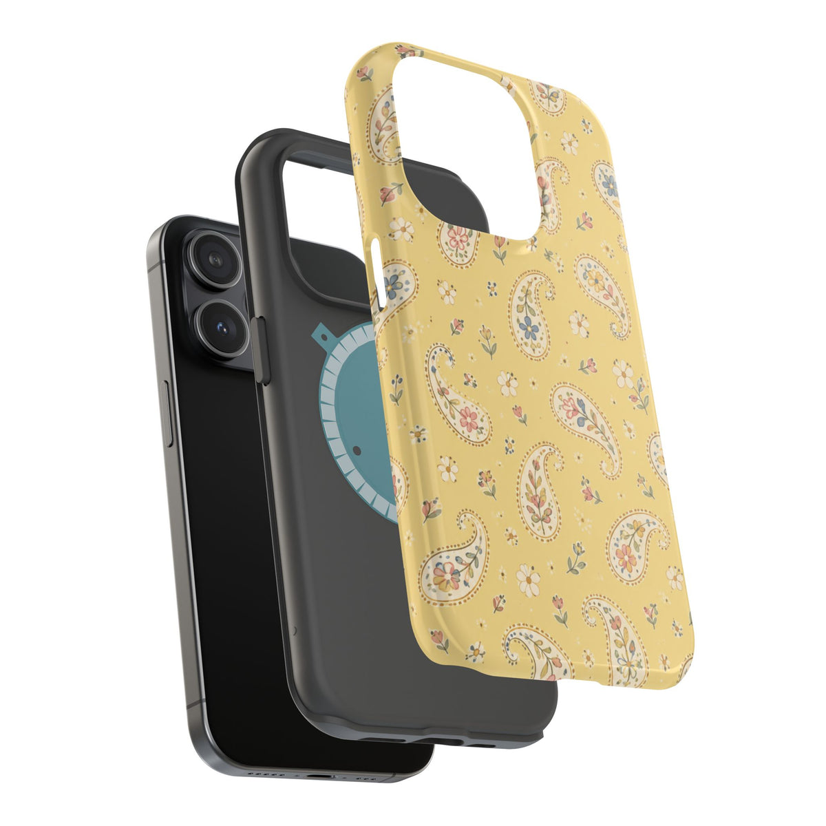 Honey Paisley MagSafe Phone Case, glossy square triple-camera Pro model, exploded shell and liner with magnetic ring
