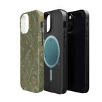 Golden Meadow – Sage Green Wildflower MagSafe Phone Case, glossy diagonal dual-camera model, exploded shell and liner with magnetic ring