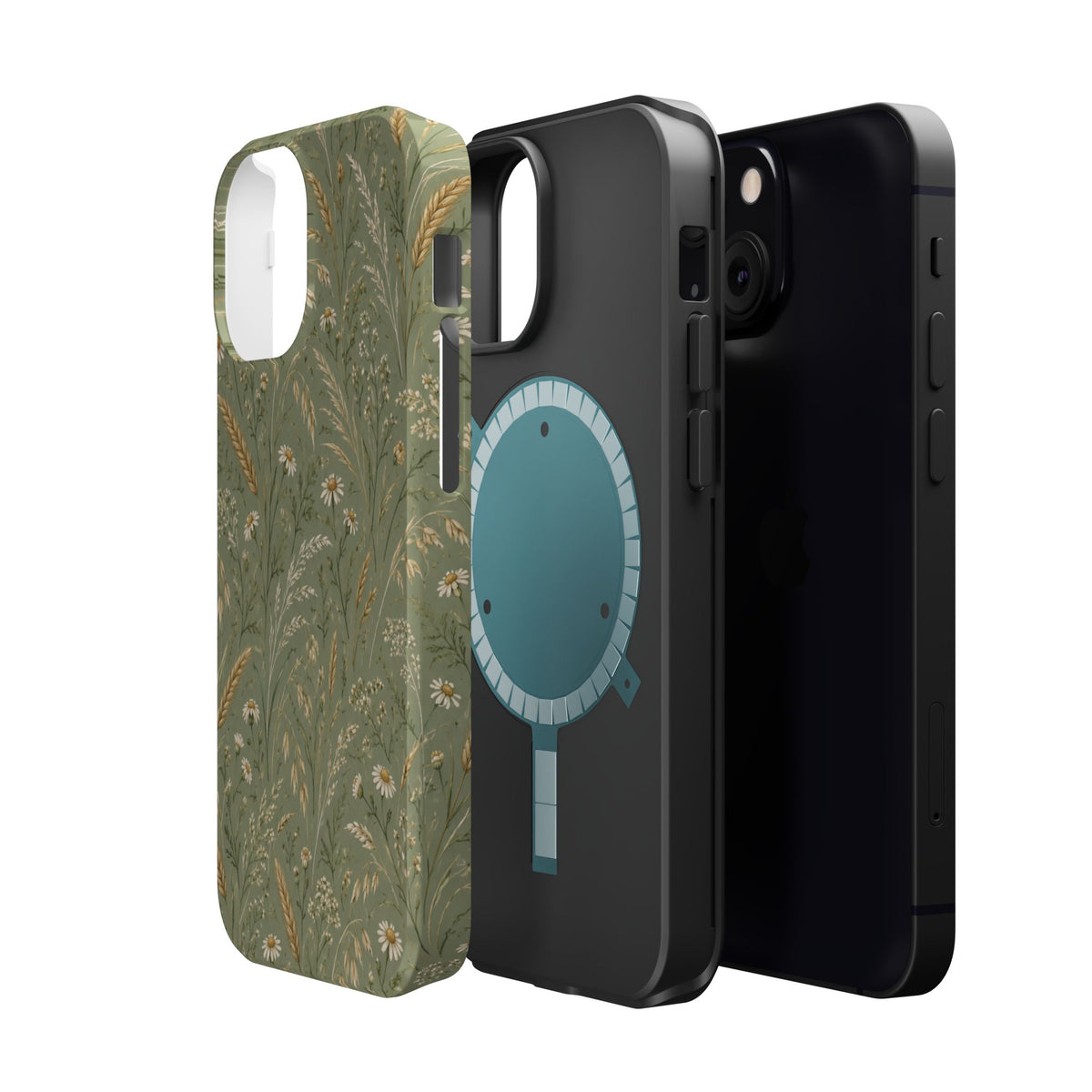 Golden Meadow – Sage Green Wildflower MagSafe Phone Case, glossy diagonal dual-camera model, exploded shell and liner with magnetic ring