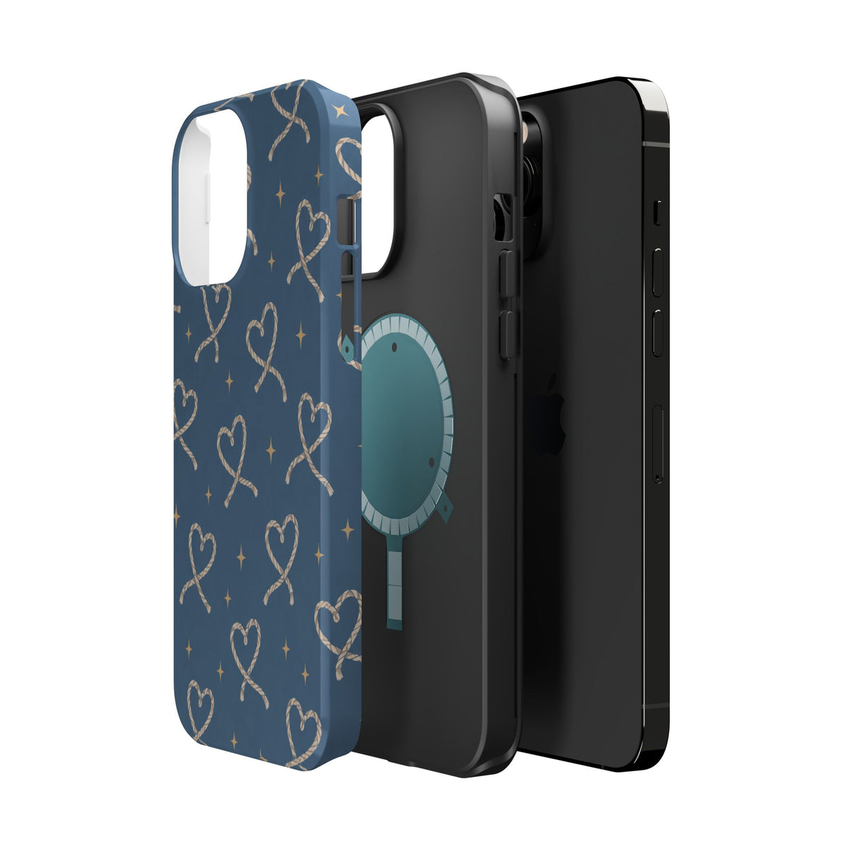 Lasso Hearts – Blue Western Heart MagSafe Phone Case, glossy square triple-camera Pro model, exploded shell and liner with magnetic ring