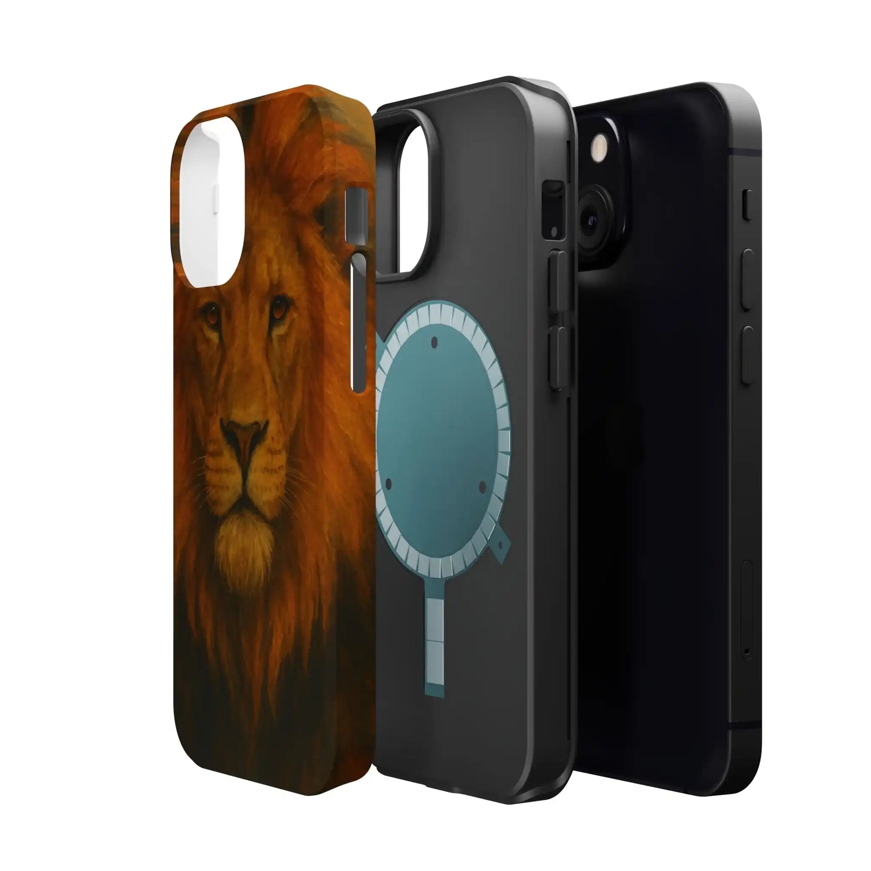 Two iPhone cases showing variant sizes; one with a realistic lion face and one with a blue circular design