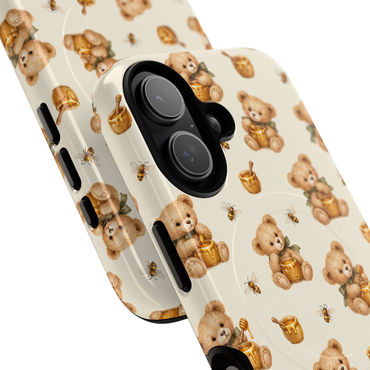 Honingknuffelbeer iPhone-hoesje — ontwerp met gele bij en honingpot met MagSafe