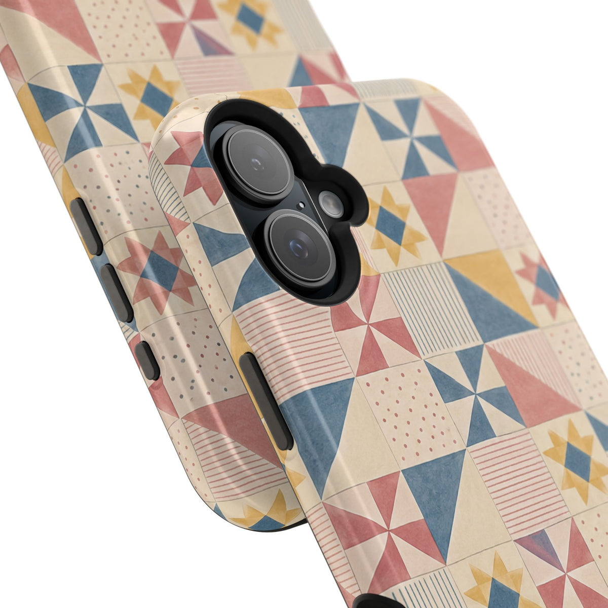 Prairie Quilt – Pastel Patchwork Pattern MagSafe Phone Case, glossy vertical dual-camera model, camera and side-button close-up